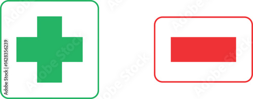 Green Cross and Red Minus Symbol Inside Rounded Rectangles
