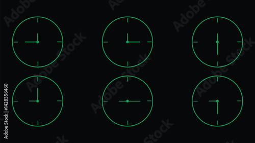 Diverse Green Clocks Displaying Varied Times in Grid Arrangement, Black Background
