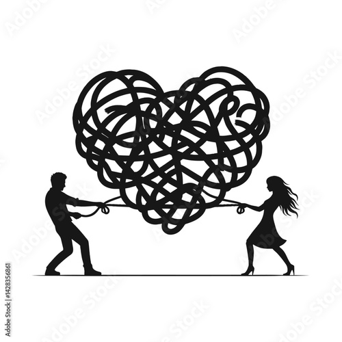 Silhouette of two people pulling a tangled wire shaped like a heart, concept of fixing relationships, black vector icon, isolated 