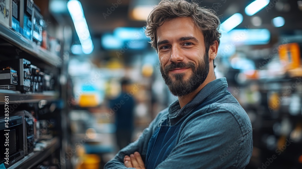 Smiling male employee posing confidently in an electronics store aisle. Smiling male employee posing confidently in an electronics store aisle.