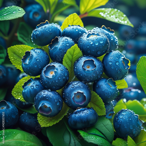 Wallpaper Mural Cluster of ripe blueberries with water droplets on leaves Torontodigital.ca