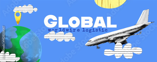Collage with airplane and world map. Global logistics, delivery, and international connections visualised