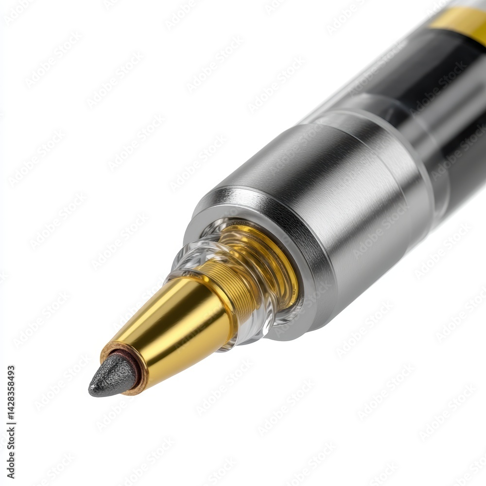 A close-up view of a sleek pen showcasing metallic and transparent elements, emphasizing its design and craftsmanship. A close-up view of a sleek pen showcasing metallic and transparent elements, emphasizing its design and craftsmanship.