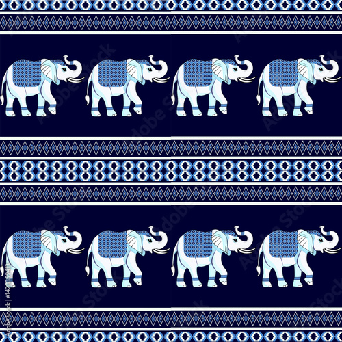 Seamless vector elephant pattern with geometric on blue background