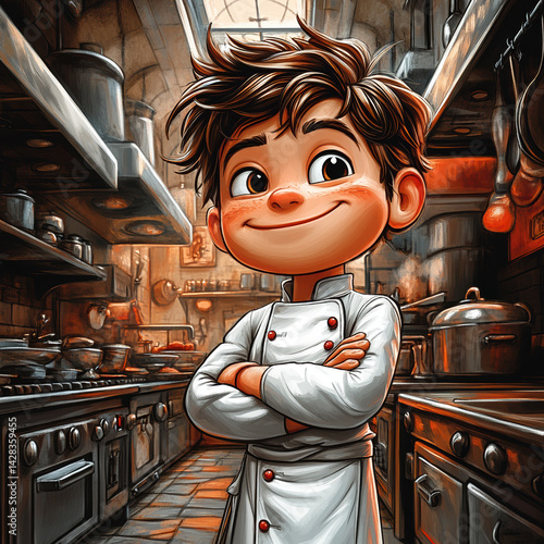 Young Chef Smiling and Posing Confidently in a Kitchen  