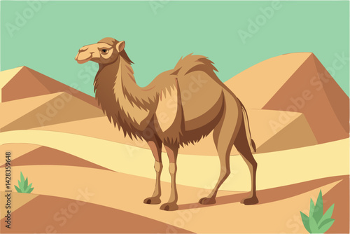 Cartoon Dromedary Camel in Desert Majestic & Scenic Illustration