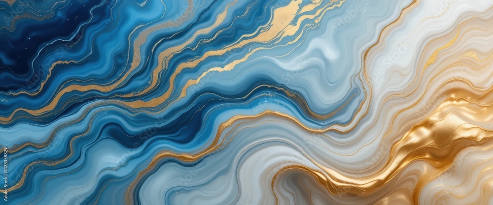 Abstract fluid art, marbled texture, swirling colors, blue and gold palette, ethereal composition, flowing lines, organic shapes, watercolor effect, dreamy atmosphere Abstract fluid art, marbled texture, swirling colors, blue and gold palette, ethereal composition, flowing lines, organic shapes, watercolor effect, dreamy atmosphere