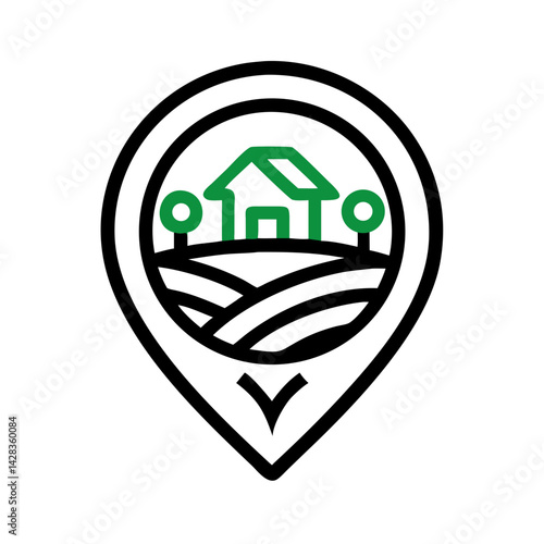 Location pin icon with farmhouse and field in outline style