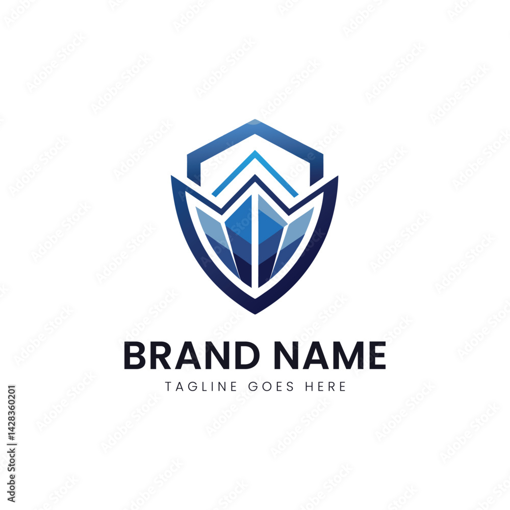 A modern logo design featuring a shield shape with layered geometric elements in shades of blue, symbolizing protection and strength. A modern logo design featuring a shield shape with layered geometric elements in shades of blue, symbolizing protection and strength.