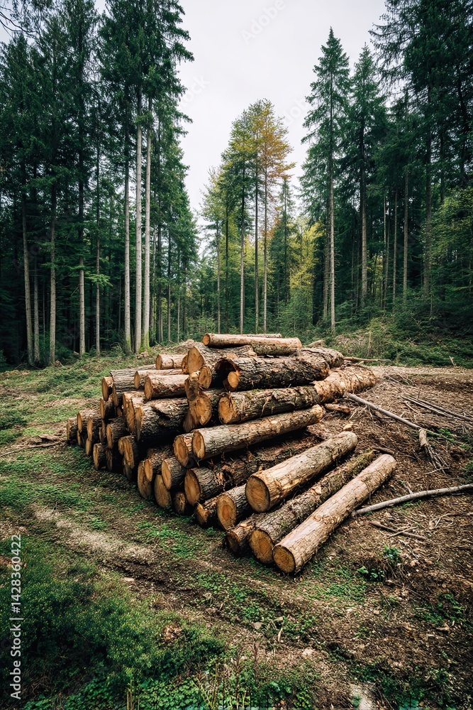 Stack of cut tree logs in forest clearing surrounded by tall pine trees Stack of cut tree logs in forest clearing surrounded by tall pine trees