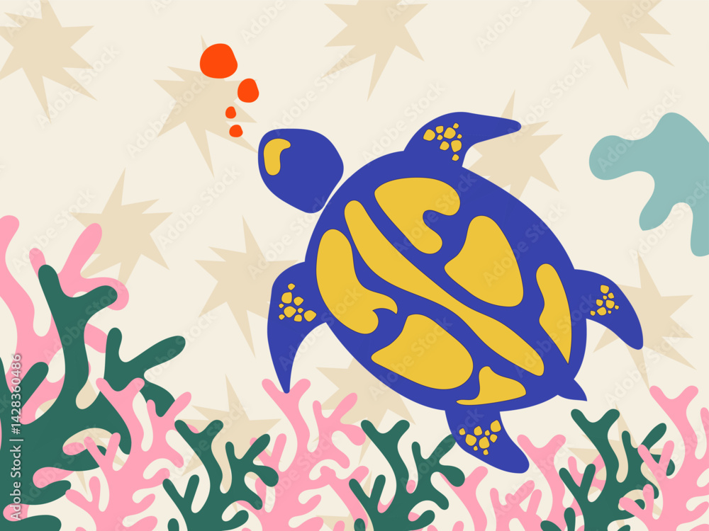 abstract illustration of a blue turtle swimming on the seabed in Matisse style abstract illustration of a blue turtle swimming on the seabed in Matisse style