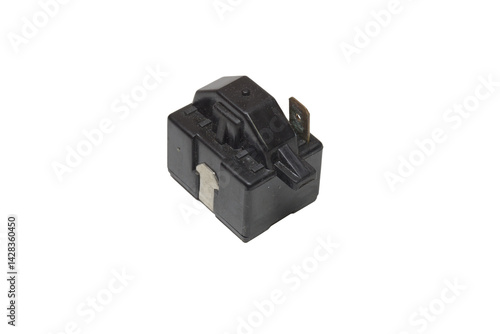 starting relay of refrigerators compressor, 1-Pin relay in black smooth plastic housing. on white background