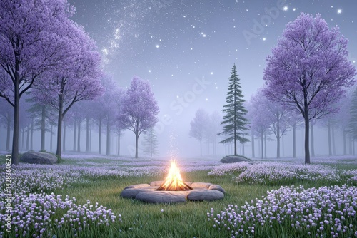 A digital 3D rendering of a summer night scene with bonfire glowing under starry sky with flower trails
