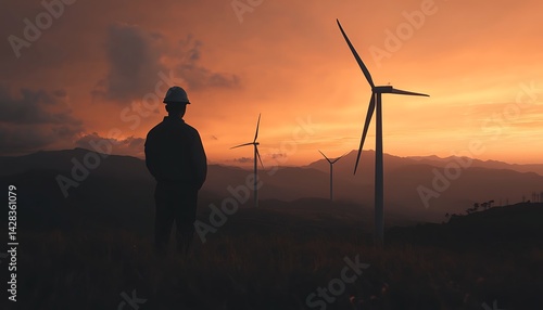 Engineer Views Wind Farm Sunset