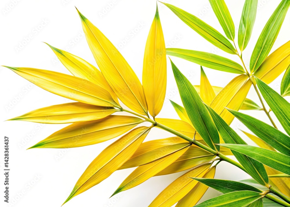Obraz premium Yellow Green Bamboo Leaves Isolated White Background Stock Photo, High Resolution Image, Clipping Path, Nature Photography, Botanical Illustration