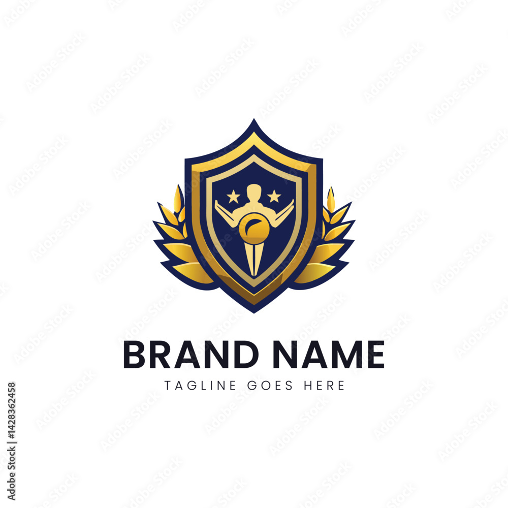 A sleek and modern logo design featuring a shield shape with a human figure and laurel leaves, symbolizing achievement and excellence. A sleek and modern logo design featuring a shield shape with a human figure and laurel leaves, symbolizing achievement and excellence.