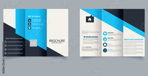 Modern Corporate Trifold Brochure Template with QR Code and Blue Accents for Marketing Agency.