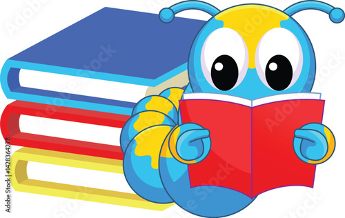 Funny  cartoon book worm reading Royalty Vector in adobe stoke