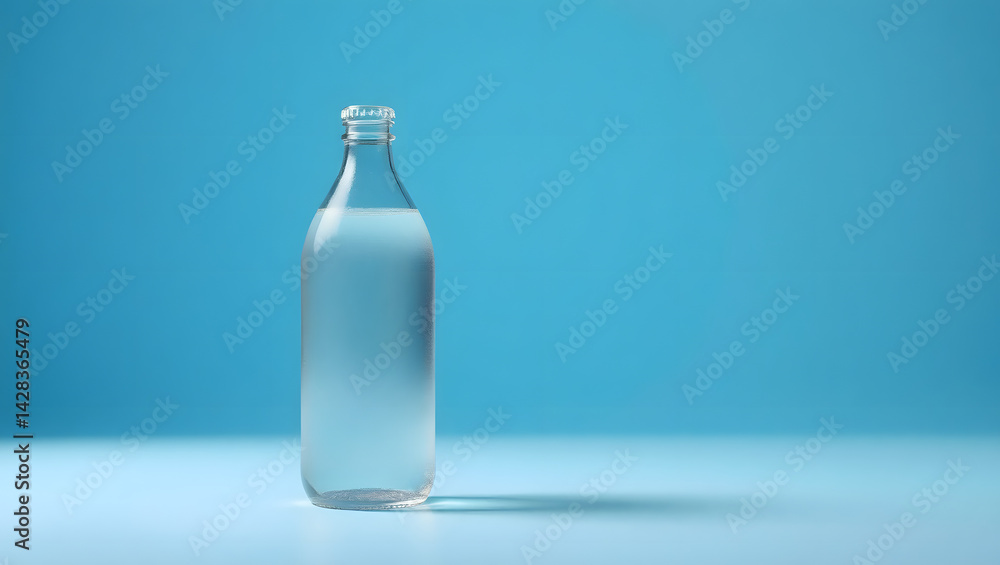 Transparent Glass Water Bottle on Blue Background Transparent Glass Water Bottle on Blue Background
