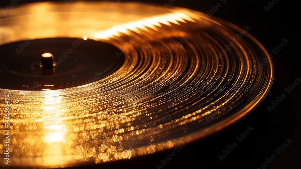 A detailed view of a gold record resting on a dark background A detailed view of a gold record resting on a dark background