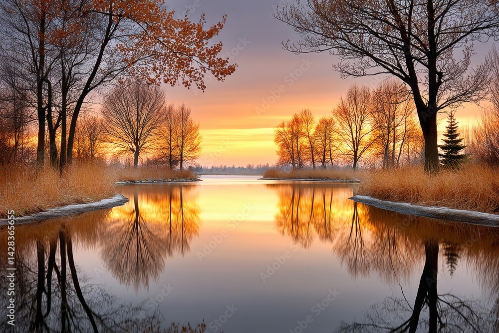Obraz premium A peaceful lake reflecting the golden sky during an extended sunset