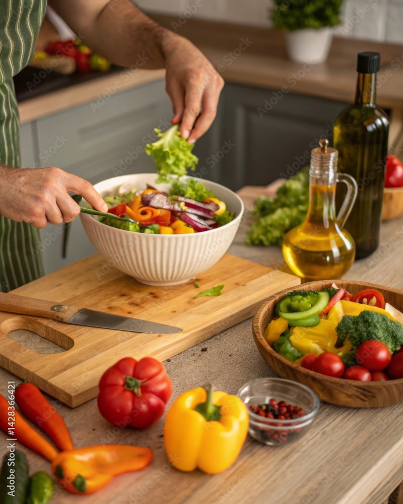 Placing fresh vegetables into a salad bowl home kitchen food preparation cozy environment overhead view realistic cooking scene for healthy eating Placing fresh vegetables into a salad bowl home kitchen food preparation cozy environment overhead view realistic cooking scene for healthy eating