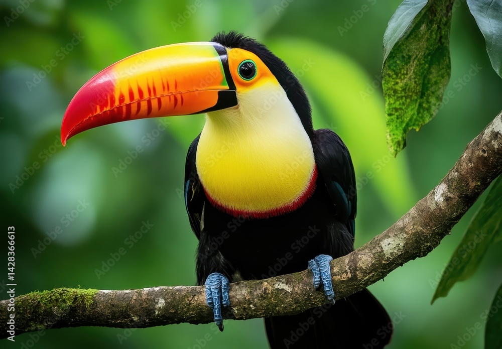 Naklejka premium Vibrant Toucan Perched on Branch Surrounded by Lush Greenery in a Tropical Rainforest Setting with Bright Colorful Beak and Feathered Plumage