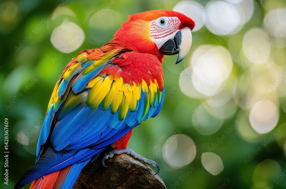 Vibrant Scarlet Macaw Perched on Branch with Lush Green Background and Beautiful Bokeh Effect in Natural Habitat Vibrant Scarlet Macaw Perched on Branch with Lush Green Background and Beautiful Bokeh Effect in Natural Habitat