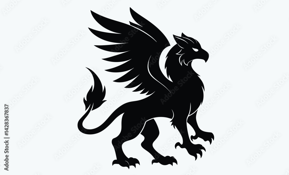 Obraz premium Griffin silhouette, mythological animal, winged beast, Griffin Silhouette on White Background 