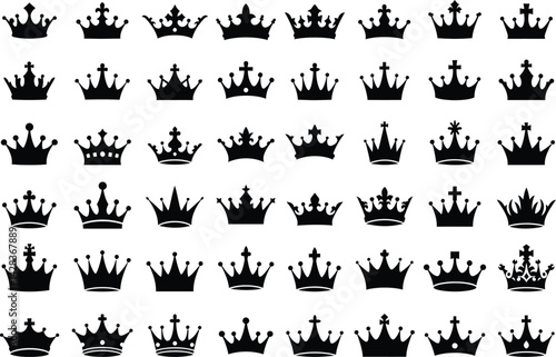 Royalty crown vector set, king queen prince princess crowns, regal tiara silhouette design elements set
