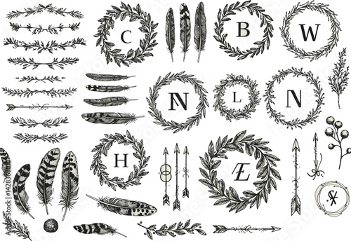 Vintage botanical laurel wreath monogram alphabet feathers arrow elements clip art design vector set bundle
