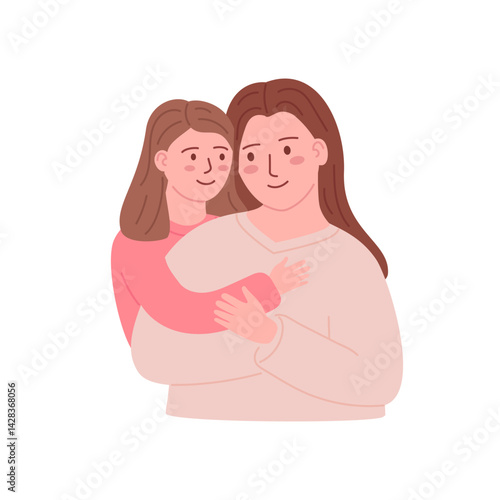 Cute mother and child daughter embrace. Happy family embracing, hugging. Motherhood, parenthood. Mom and girl kid together. Love, friendship of characters. Flat vector illustration