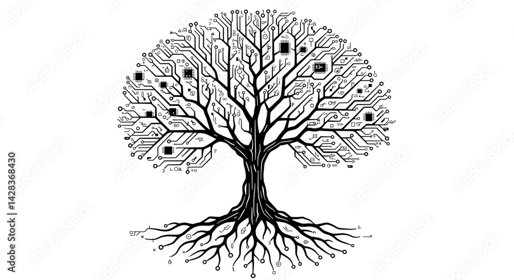 Tree design with circuit board patterns, artistic illustration in black and white