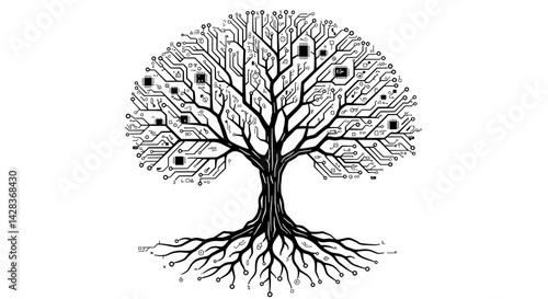 Tree design with circuit board patterns, artistic illustration in black and white