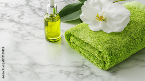 Neatly folded spa towel beside aromatic oil bottle, minimalist relaxation and serenity