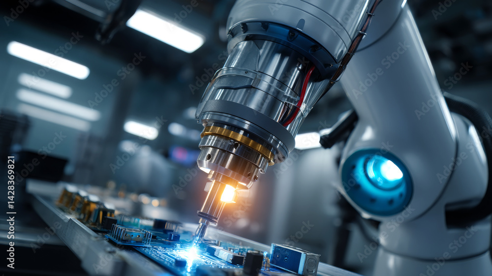 Obraz premium Robotic Arm Assembling Circuit Board with Precision