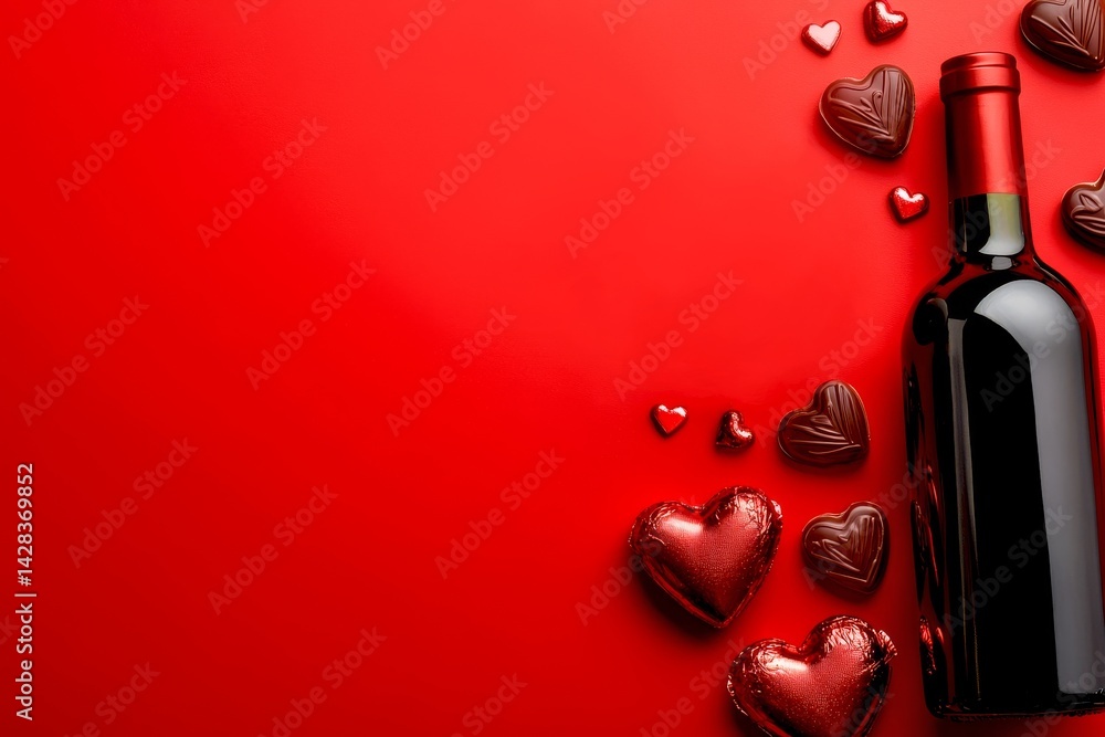 A romantic scene featuring a bottle of red wine on a vibrant red background. Heart-shaped chocolates surround the wine. Perfect for love themes or special celebrations. AI