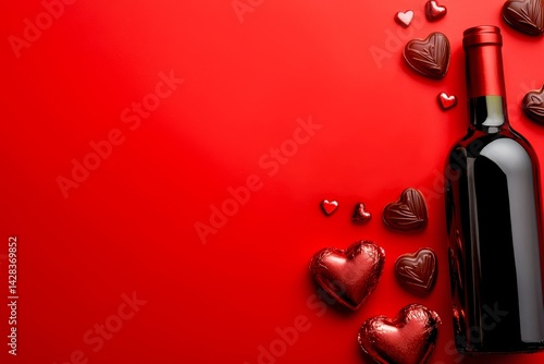 Obraz na płótnie A romantic scene featuring a bottle of red wine on a vibrant red background. Heart-shaped chocolates surround the wine. Perfect for love themes or special celebrations. AI w salonie
