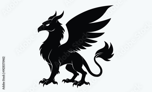 Griffin silhouette, mythological animal, winged beast, Griffin Silhouette on White Background 