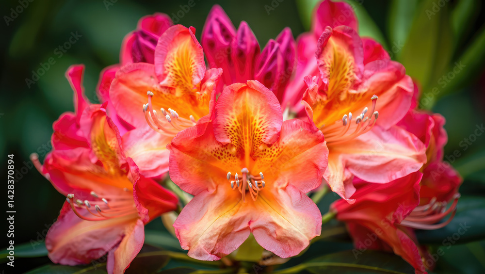 Fototapeta premium Vibrant rhododendron flowers showcasing an array of pink and orange hues in a close-up view.