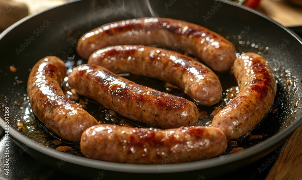 Sizzling chipolata sausages inside a frying pan Sizzling chipolata sausages inside a frying pan