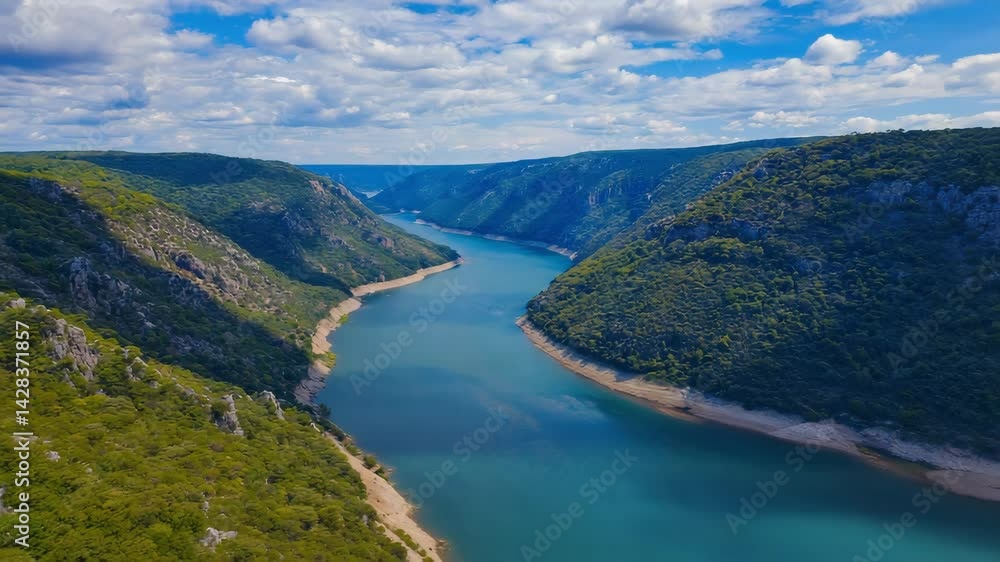 Aerial view of a river running through a canyon surrounded by green hills under cloudy blue skies on a sunny day. Aerial view of a river running through a canyon surrounded by green hills under cloudy blue skies on a sunny day.