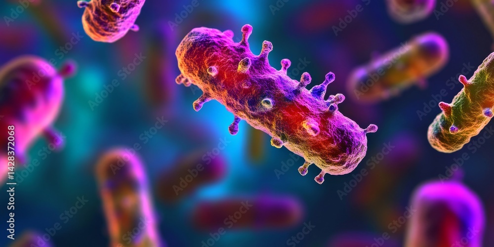 Dynamic and colorful microscopic view of bacteria in vibrant hues. This visually striking image captures the essence of microbiology. Perfect for science and educational purposes. AI