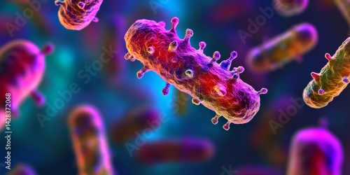 Obraz na płótnie Dynamic and colorful microscopic view of bacteria in vibrant hues. This visually striking image captures the essence of microbiology. Perfect for science and educational purposes. AI w salonie