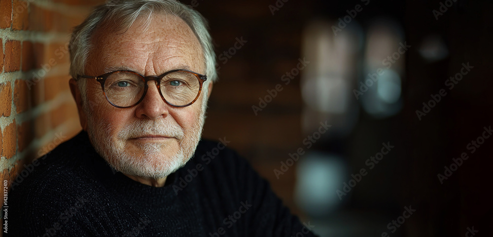 Wise elderly man with white beard and round glasses wearing black sweater leaning against brick wall in soft natural lighting Generative AI