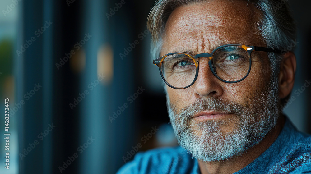 Stylish mature man with salt and pepper beard wearing round glasses looking confidently through window in natural light Generative AI
