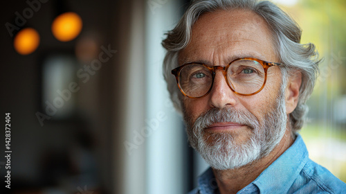 Confident mature man with gray hair and beard wearing glasses standing indoors near window with natural light Generative AI