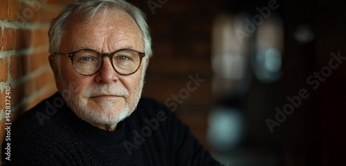 Wise elderly man with white beard and round glasses wearing black sweater leaning against brick wall in soft natural lighting Generative AI