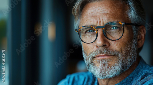 Obraz na płótnie Stylish mature man with salt and pepper beard wearing round glasses looking confidently through window in natural light Generative AI w salonie