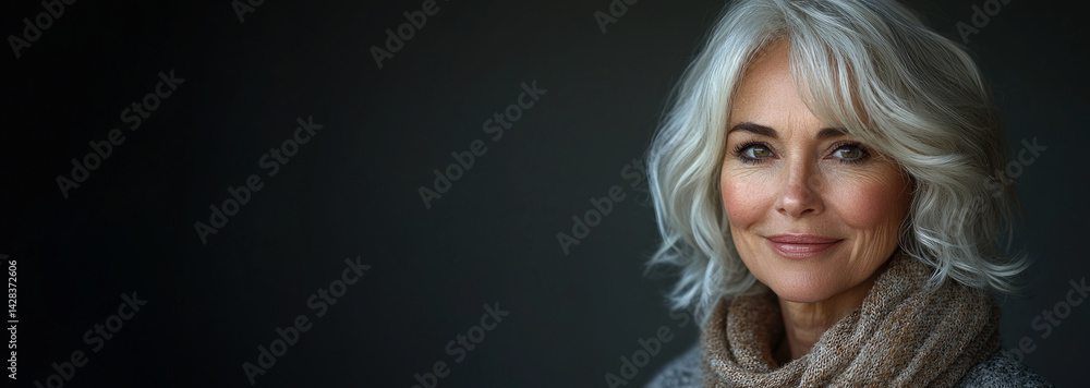 Elegant mature woman with short silver hair smiling warmly while wearing knit scarf against dark background in soft lighting Generative AI